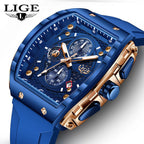 LIGE — Relógio Masculino de Luxo | Quadrado Quartz Cronógrafo Luminoso à Prova d'Água
