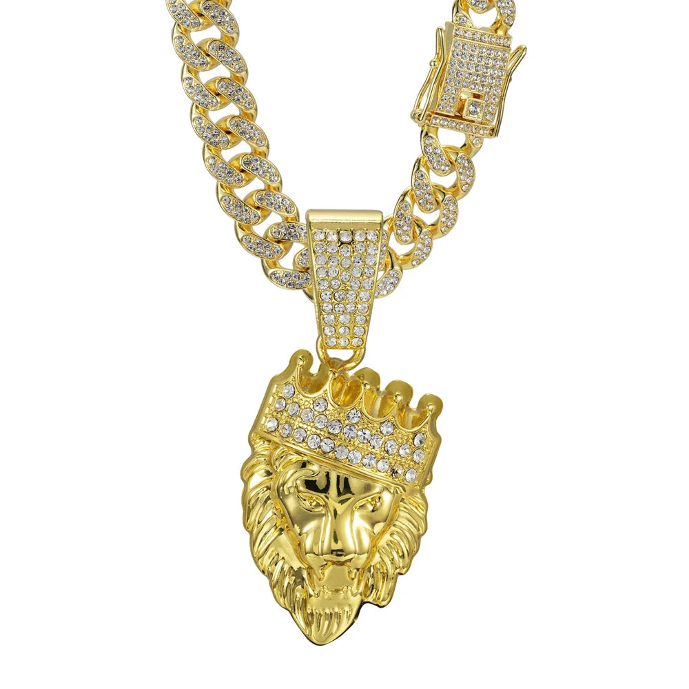 Colar Masculino Leão com Coroa 3D – Estilo Hip Hop