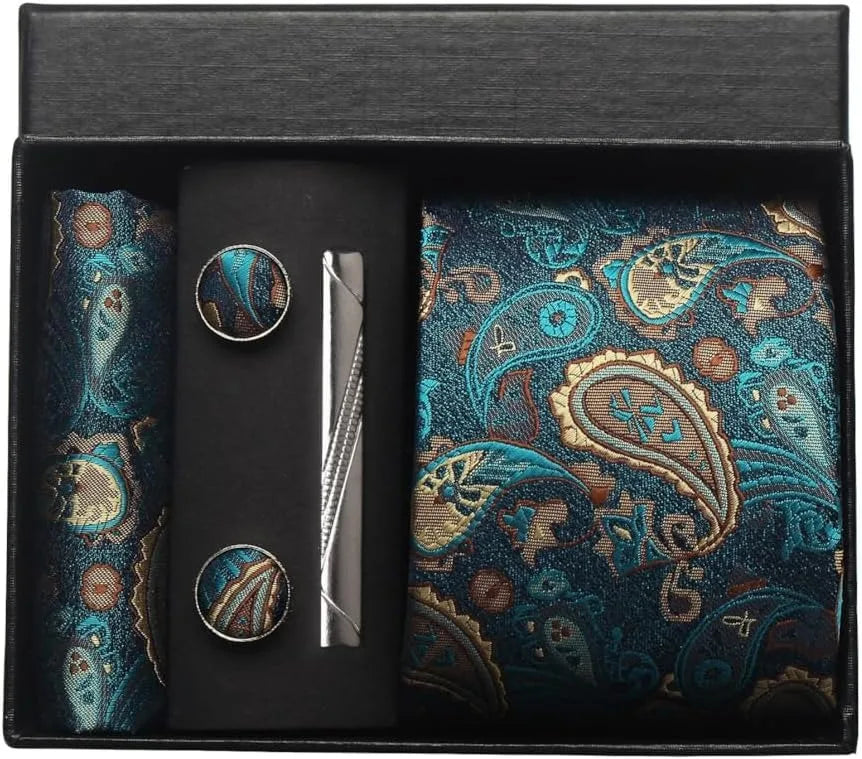 Kit Gravata Masculina Paisley com Lenço e Abotoaduras