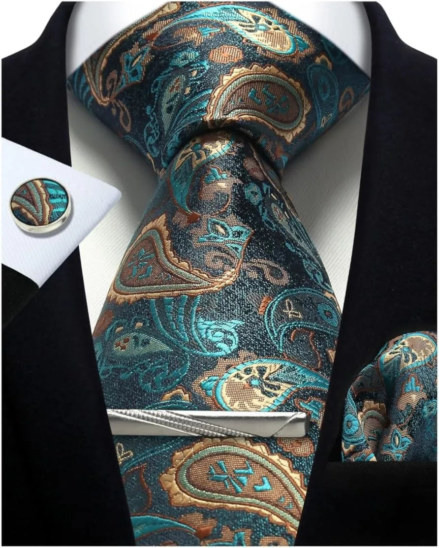Kit Gravata Masculina Paisley com Lenço e Abotoaduras
