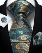 Kit Gravata Masculina Paisley com Lenço e Abotoaduras