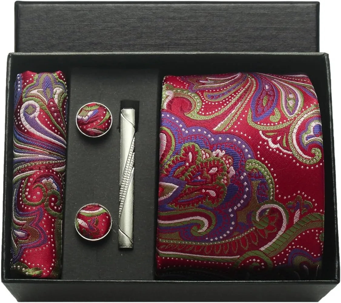 Kit Gravata Masculina Paisley com Lenço e Abotoaduras