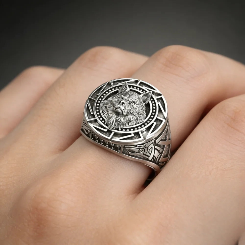 Anel Masculino Lobo em Prata 925 – Estilo Retrô