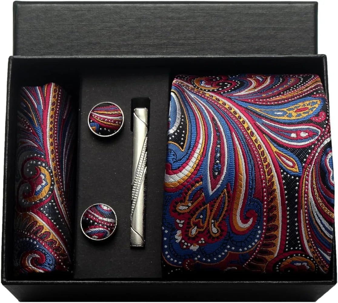 Kit Gravata Masculina Paisley com Lenço e Abotoaduras