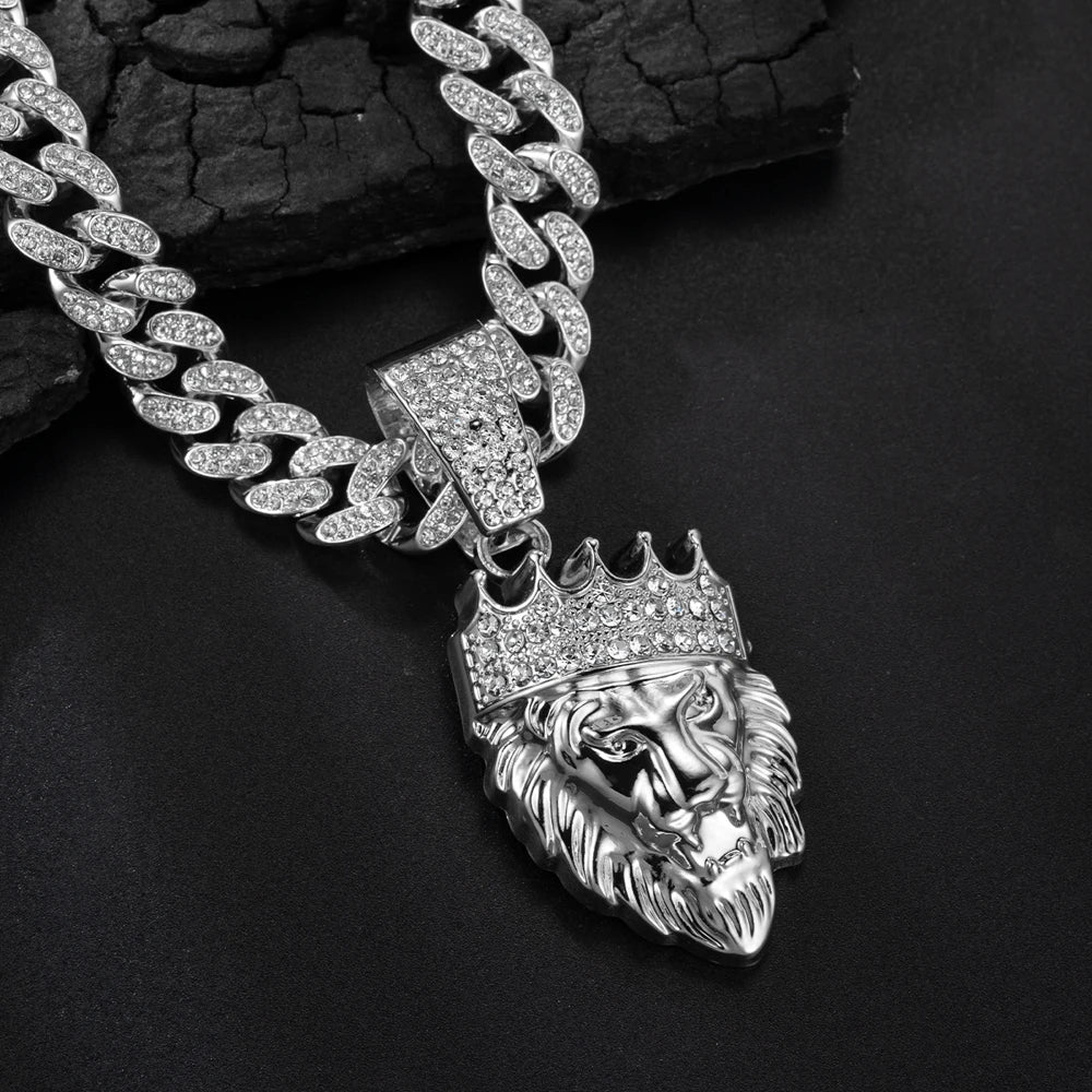 Colar Masculino Leão com Coroa 3D – Estilo Hip Hop