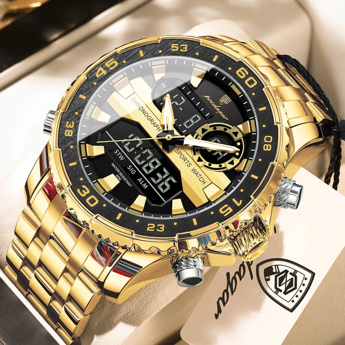 POEDAGAR E122 — Relógio Masculino de Luxo | Duplo Display LED Quartz