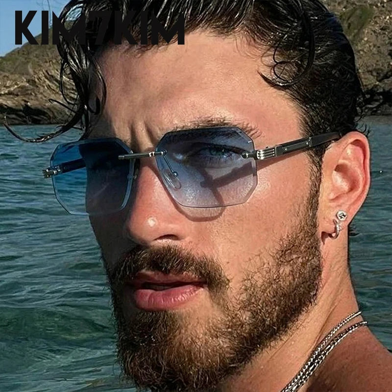 Óculos de Sol Masculino Sem Aro Geométrico com Lentes Degradê UV400