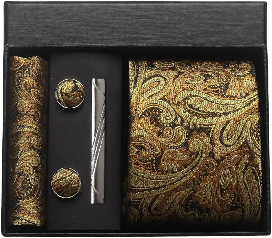 Kit Gravata Masculina Paisley com Lenço e Abotoaduras