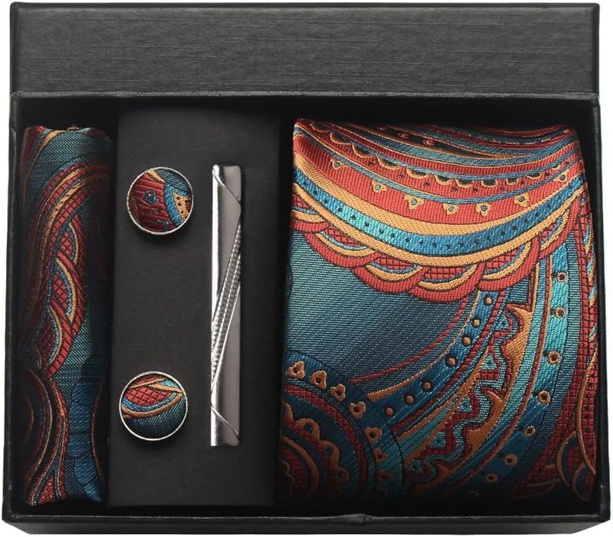 Kit Gravata Masculina Paisley com Lenço e Abotoaduras