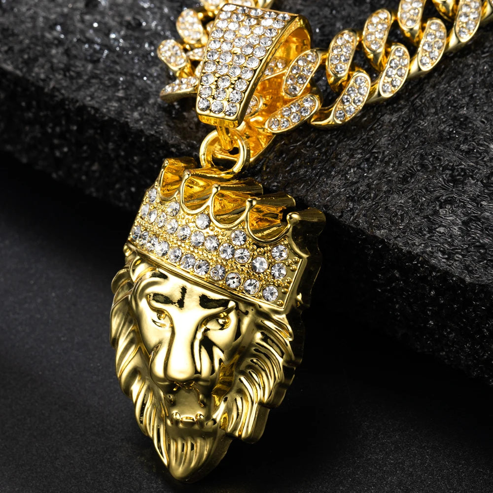 Colar Masculino Leão com Coroa 3D – Estilo Hip Hop