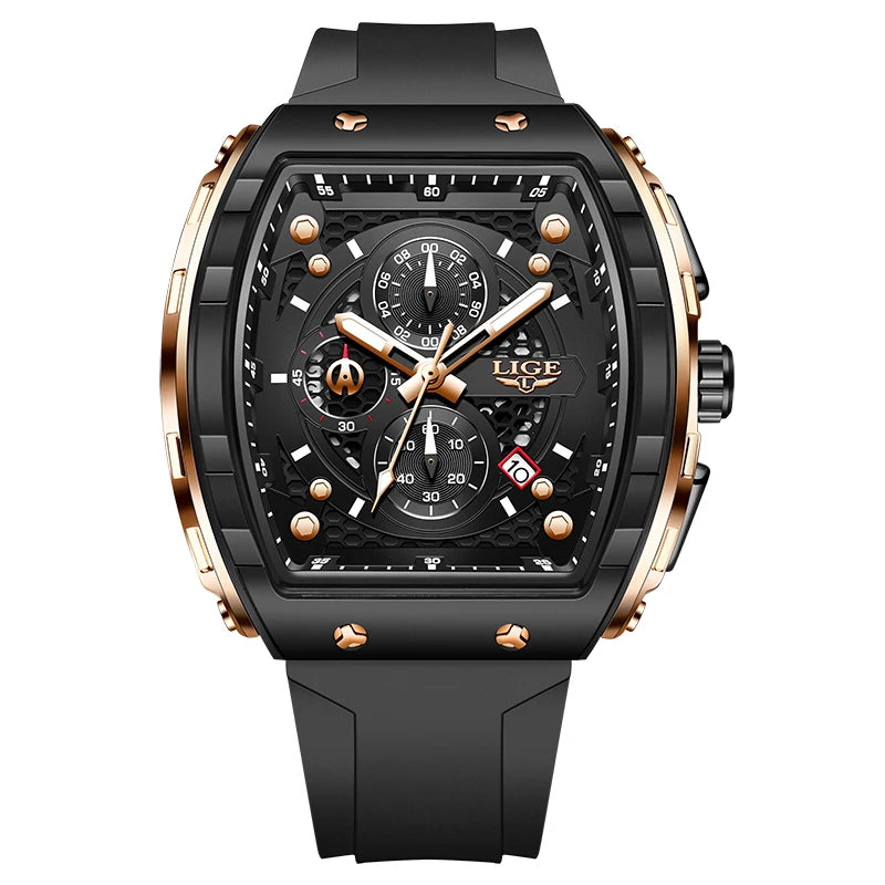 LIGE — Relógio Masculino de Luxo | Quadrado Quartz Cronógrafo Luminoso à Prova d'Água