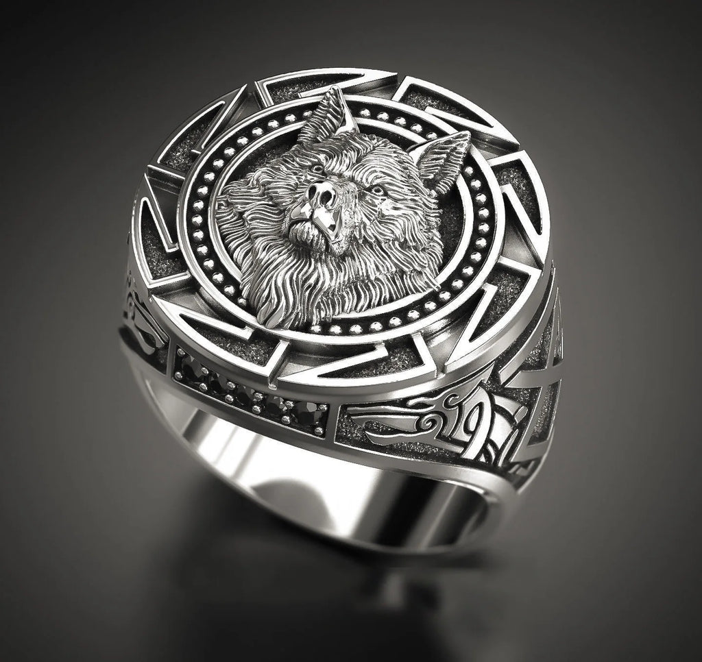 Anel Masculino Lobo em Prata 925 – Estilo Retrô
