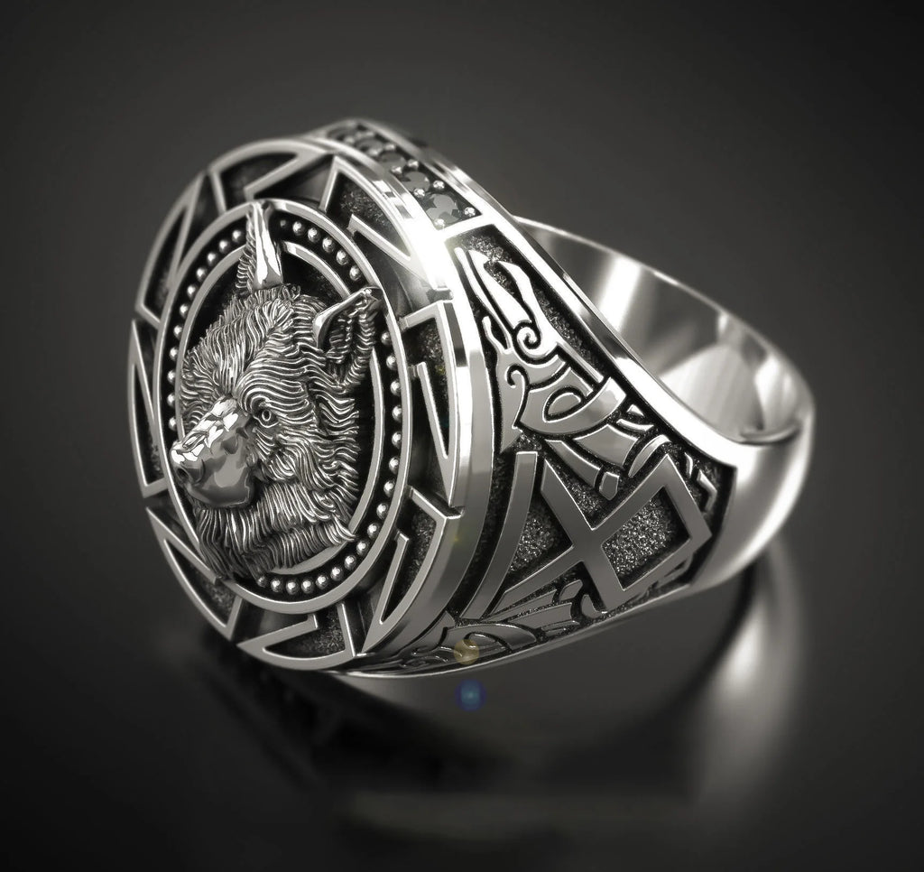 Anel Masculino Lobo em Prata 925 – Estilo Retrô