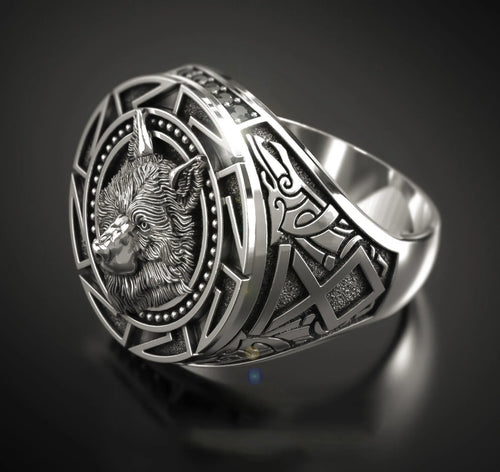 Anel Masculino Lobo em Prata 925 – Estilo Retrô