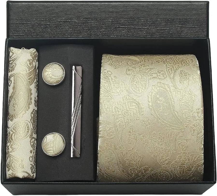 Kit Gravata Masculina Paisley com Lenço e Abotoaduras