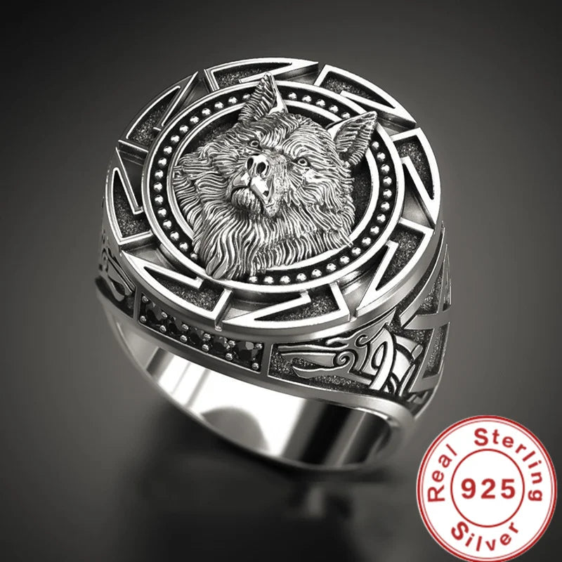 Anel Masculino Lobo em Prata 925 – Estilo Retrô