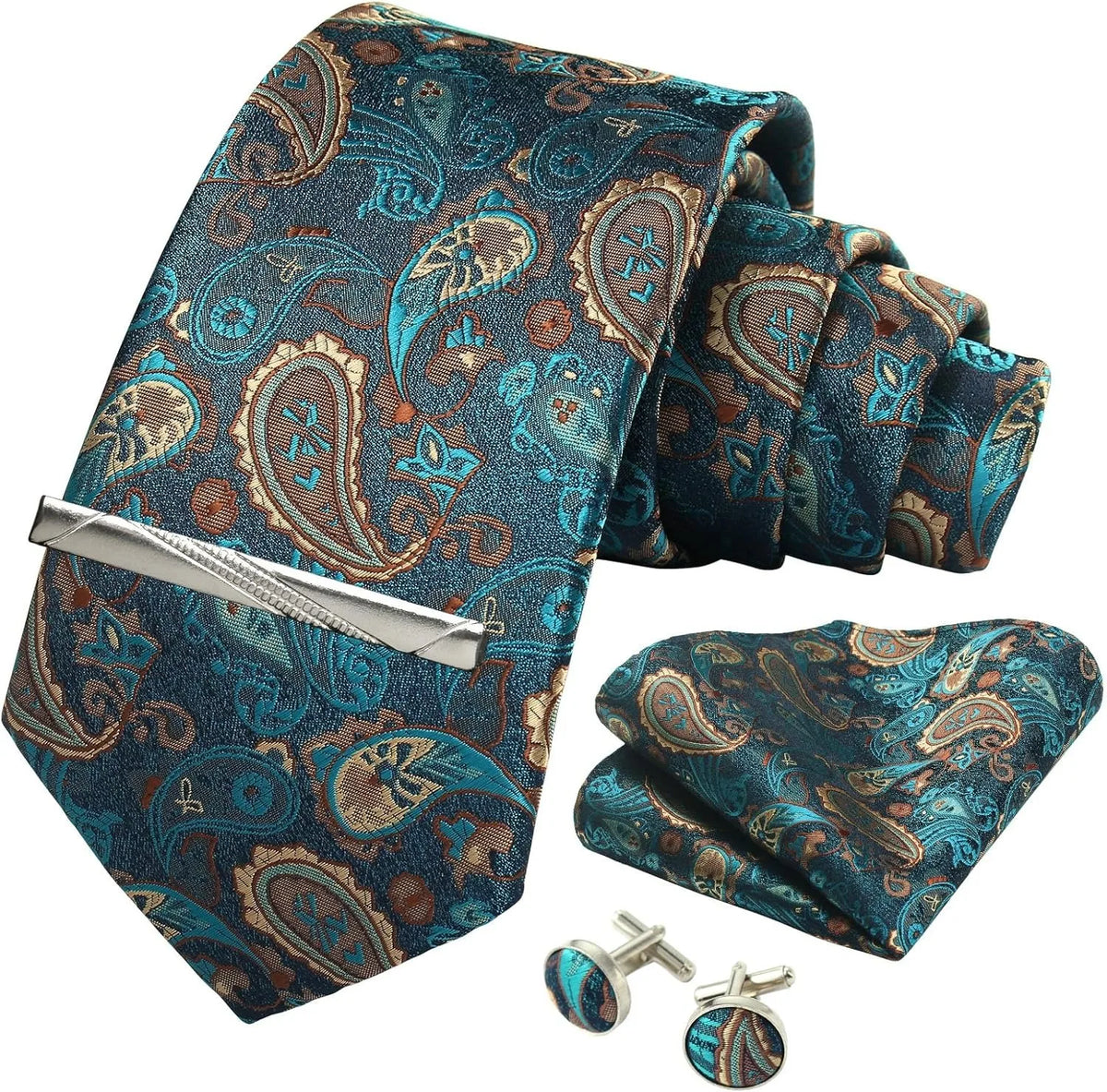 Kit Gravata Masculina Paisley com Lenço e Abotoaduras